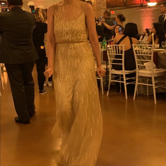 Aidan Mattox Champagne Gold Sunburst Illusion Neckline Gown Dress - Picture 13 of 14